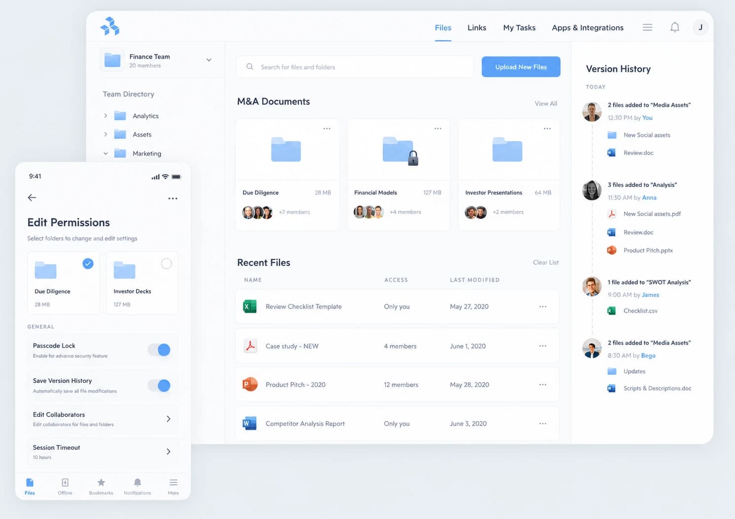 DocuDart dashboard showing organized folders, recent files, upload controls, and version history.