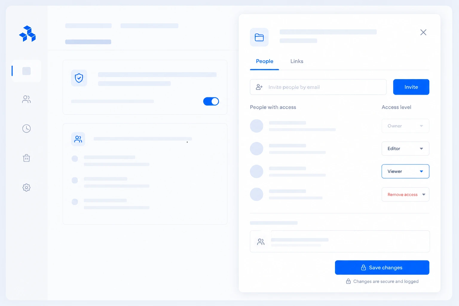 DocuShare access-management panel showing people with access, permission levels, invites, and save controls.