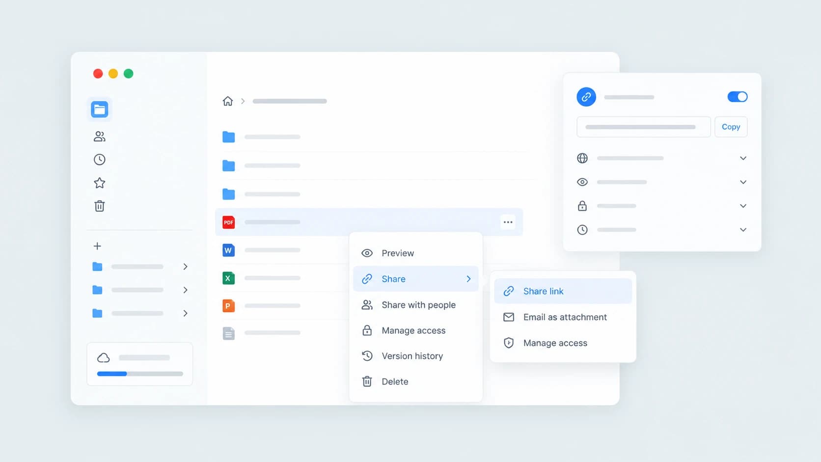DocuShare file manager showing a selected file, share menu, secure link options, and access controls.